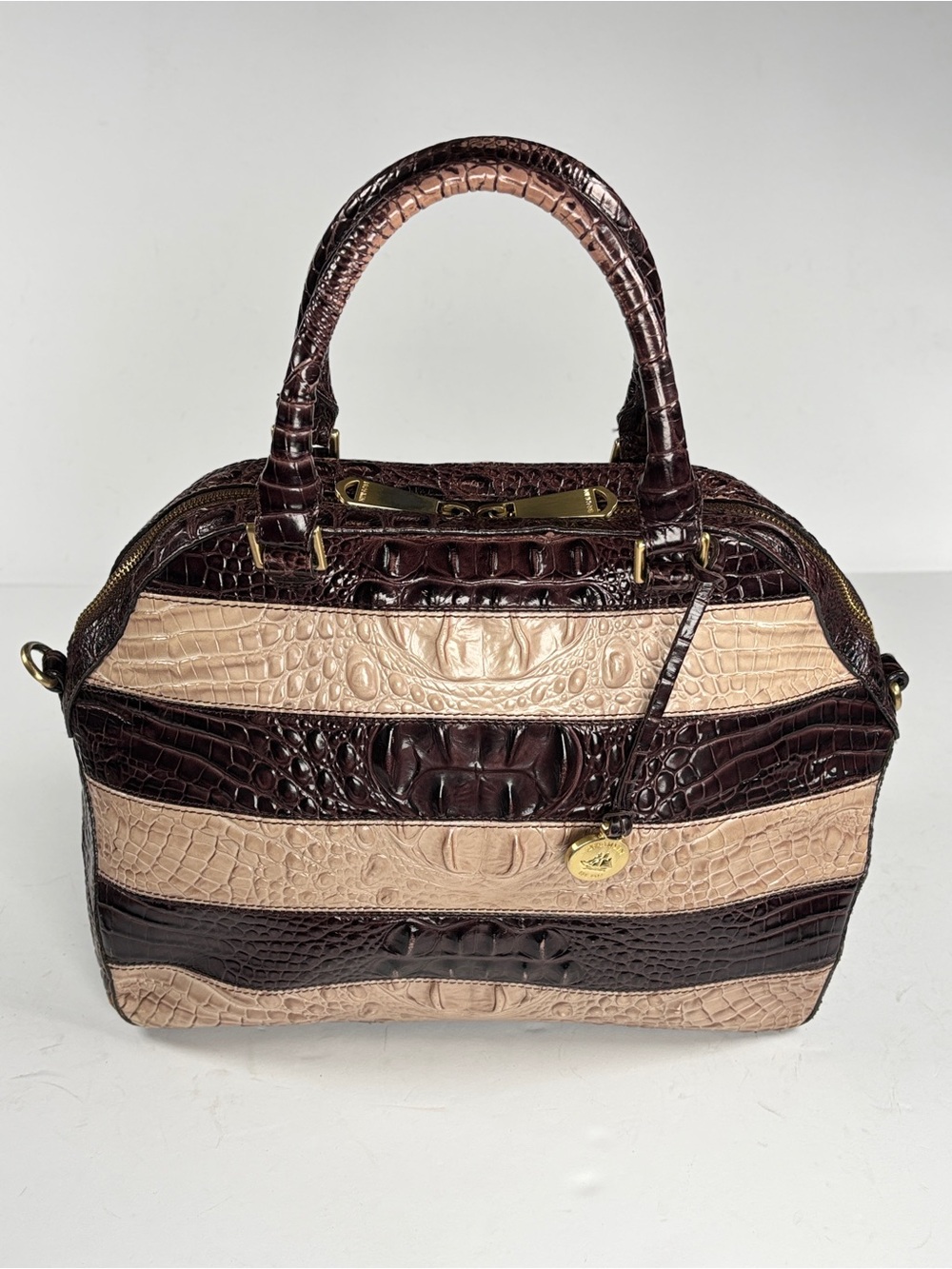 Brahmin Striped Dome Croc-Embossed Satchel Bag in Dark Brown and Beige - Picture 6 of 16